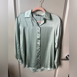 Zara Satin Effect Button Up in Sage Green